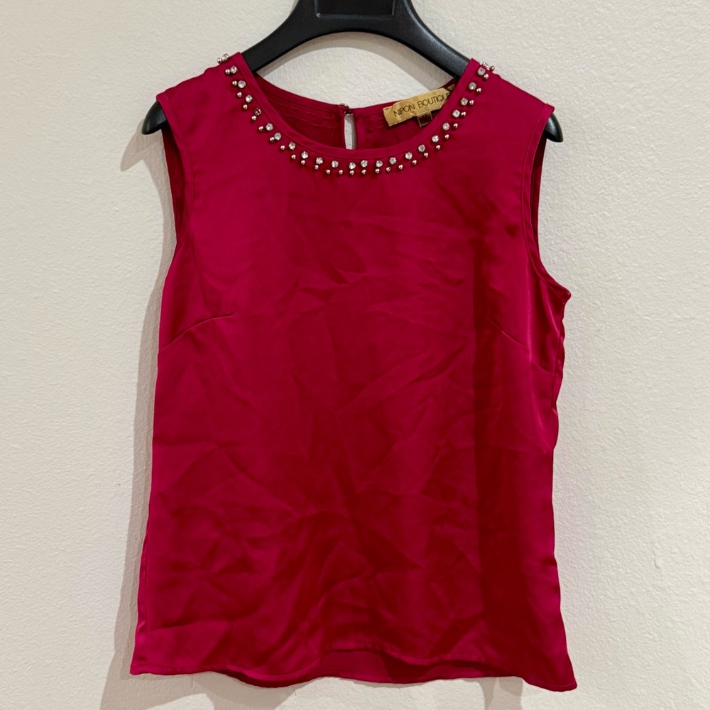 Nipon Boutique Red Sleeveless Blouse with Beaded Embellished Neckline